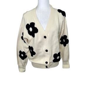 Cider Cream Black Puffy Flowers V-Neck Button Down Oversized Cardigan